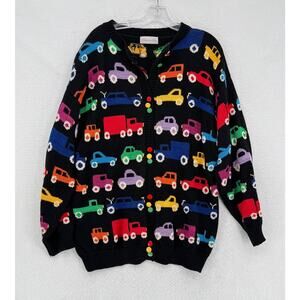 Vintage Christine Foley Colorful Car Truck All Over Print Cardigan Sweater Sz L